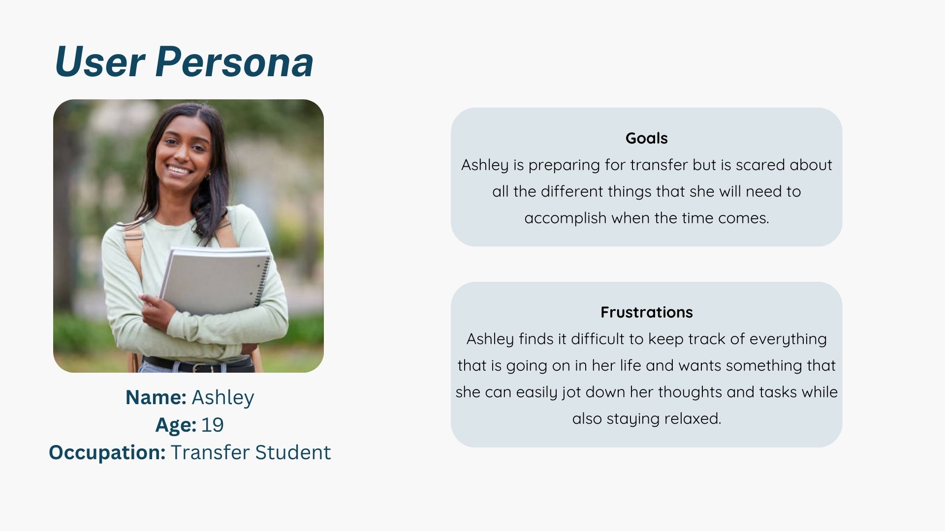 User persona of a upcoming transfer student named Ashley